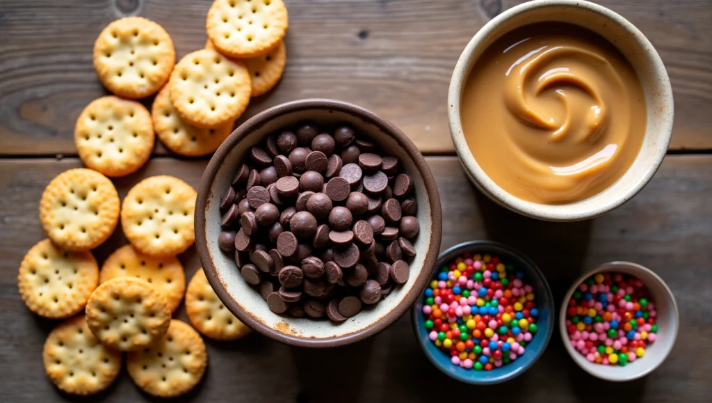 Top-down view of Ritz crackers, peanut butter, chocolate chips, and sprinkles arranged on a baking sheet.