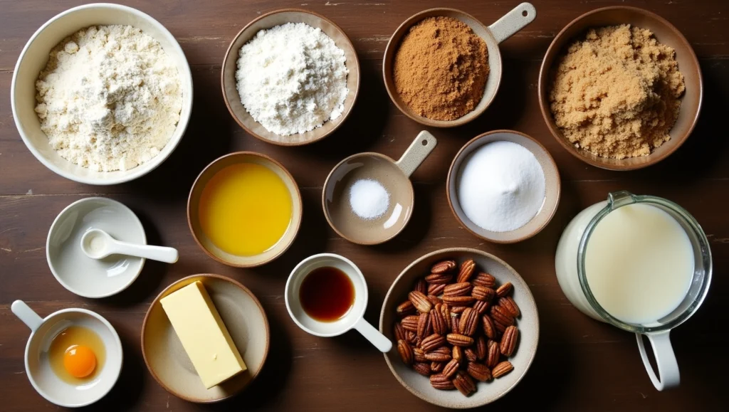 Overhead view of Sweet Alabama Pecan Bread recipe ingredients including flour, sugars, eggs, butter, buttermilk, vanilla extract, and chopped pecans arranged on a rustic wooden surface.