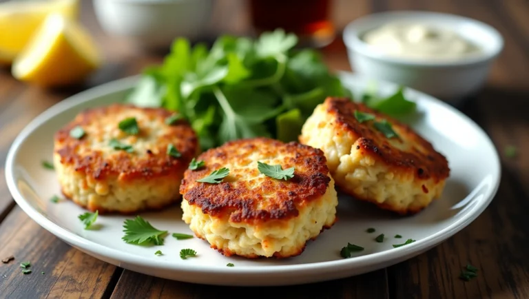 Gluten free crab cake recipe served with lemon wedges and fresh parsley on a white plate
