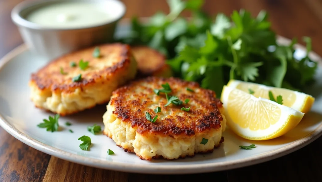 Gluten free crab cake recipe on a white plate with lemon slices and dipping sauce