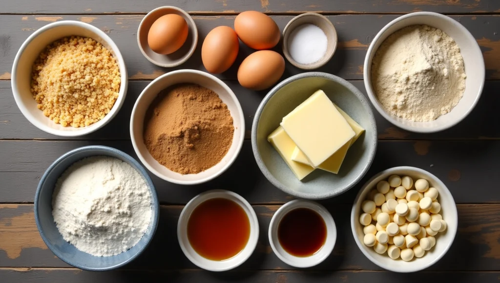 Flat lay of graham cracker cookies ingredients including graham cracker crumbs, flour, sugars, butter, eggs, and vanilla extract.